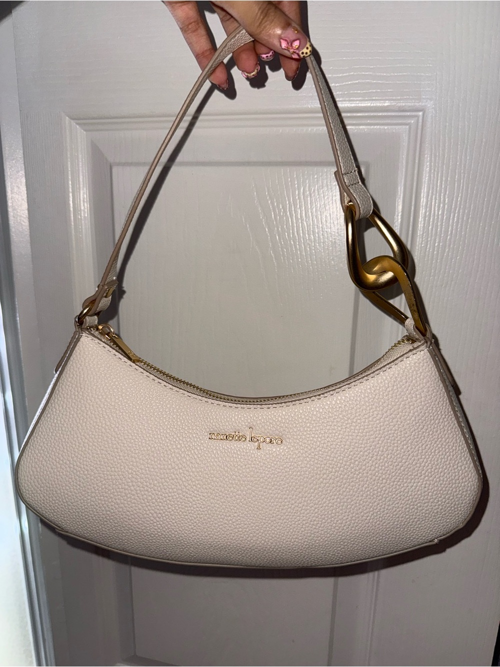 Nanette Lepore Beige Pebbled Leather Shoulder Bag with Gold Link